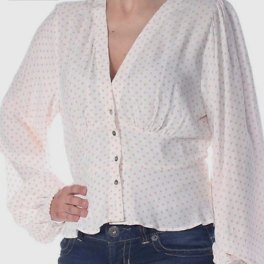 Free People White Pink Love Street Long Sleeve V Neck Polka Dot Button Up Blouse